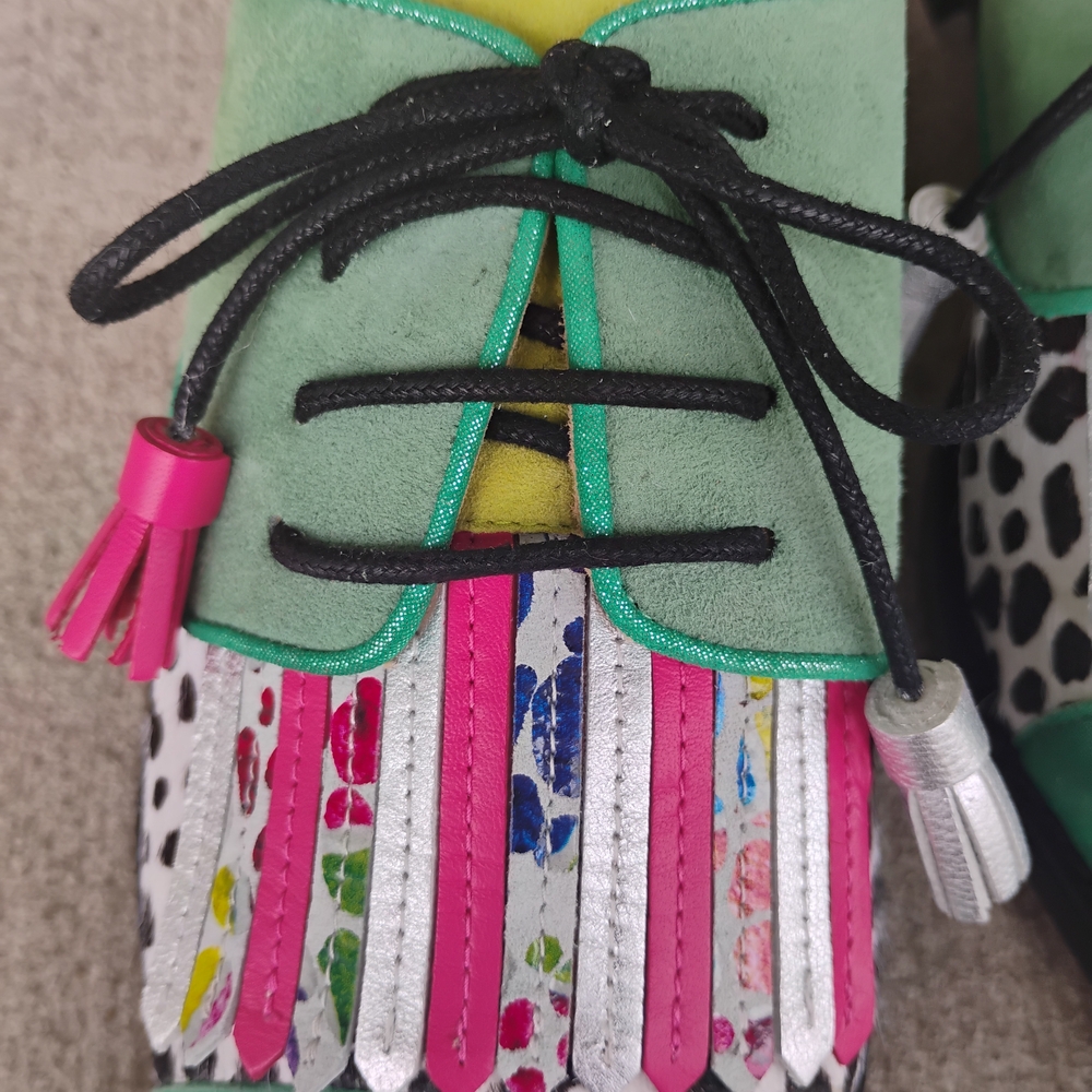 Green Multicolor Handmade Leather Suede Cow Print Oxford Fringe Shoes Size 6-8.5 - Picture 10 of 13